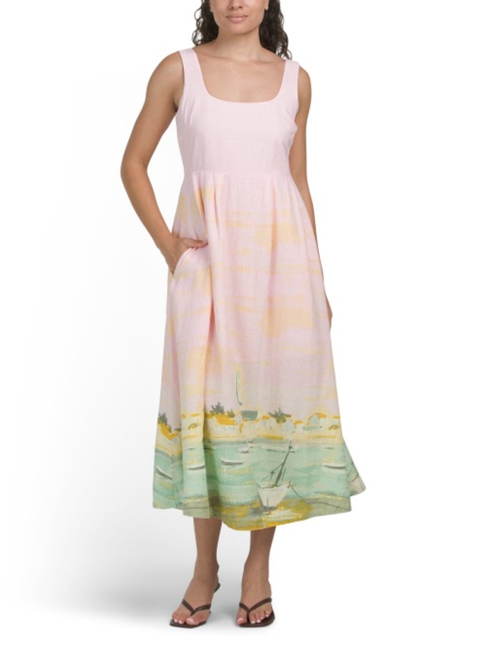 CYNTHIA ROWLEY Linen Blend Seaside Print Midi Dress Size 8